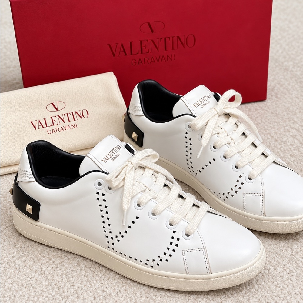 Valentino Garavani White Leather Sneakers with Black Heel Stud Detail